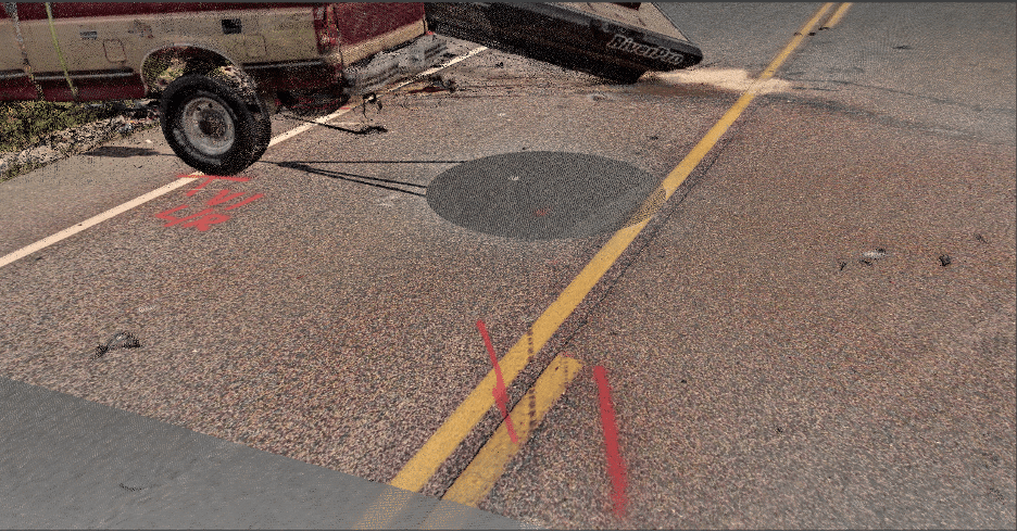 Z+F Imager® 5016 scan showing a different angle of the three vehicle crash. This angle mainly focuses on the road with the pickup truck in the top left corner